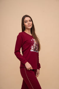 Памучна пижама интерлог "Christmas Bear" (Бордо)