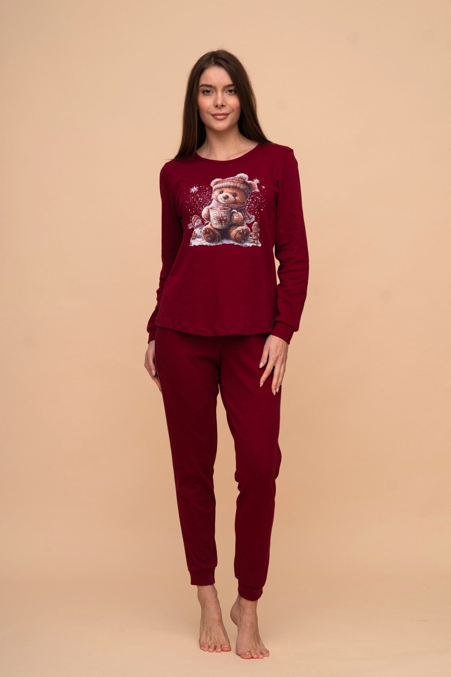 Памучна пижама интерлог "Christmas Bear" (Бордо)