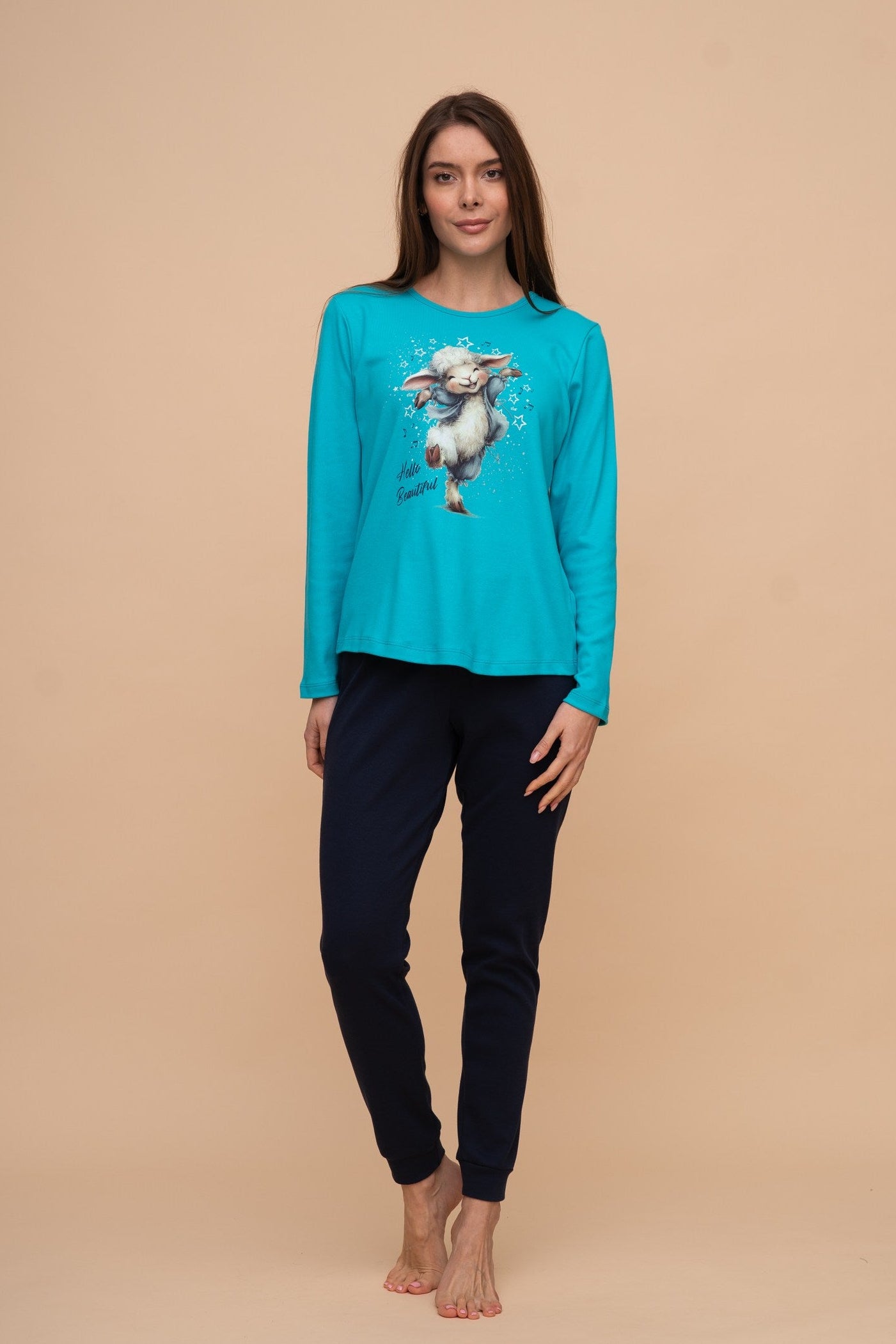 Памучна пижама интерлог "Hello Beautiful" (Тюркоаз)