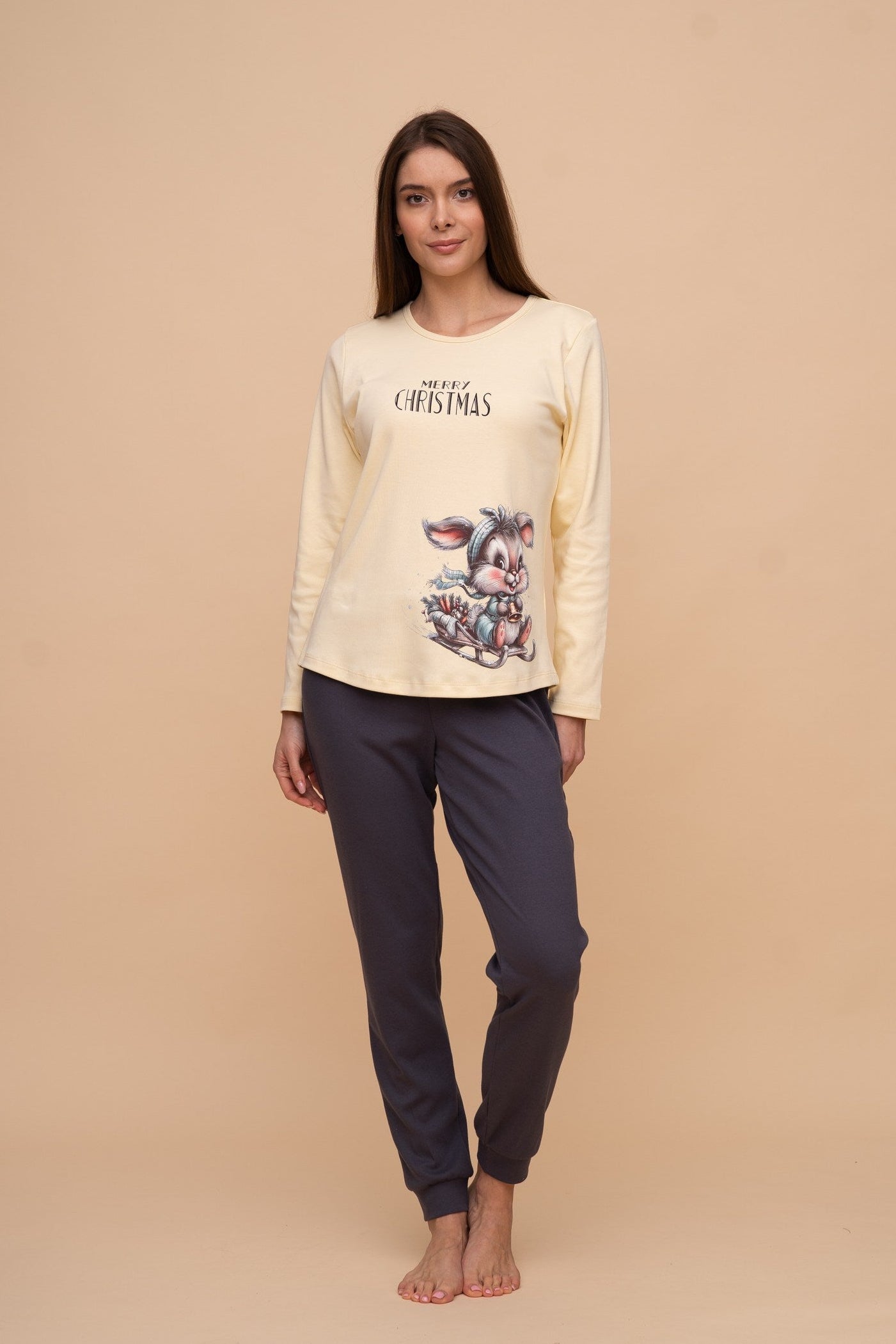 Памучна пижама интерлог "Merry Christmas" (Жълта)