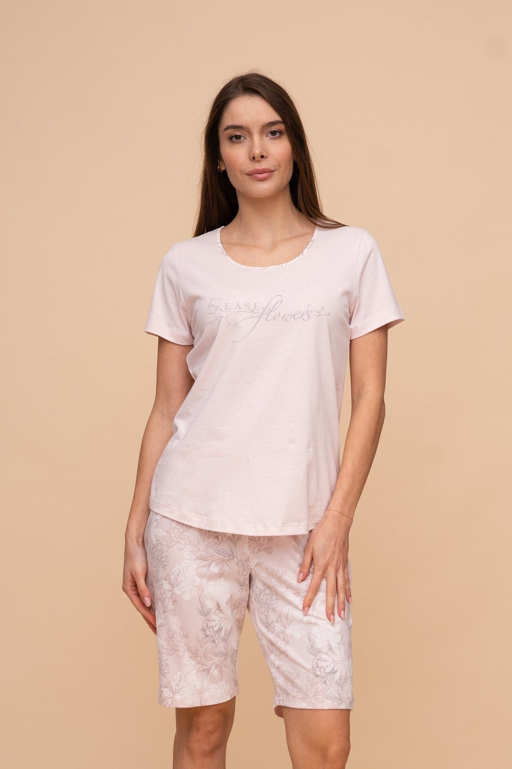 Пижама от памук с къс ръкав "Ease Flowers" (Пудра)