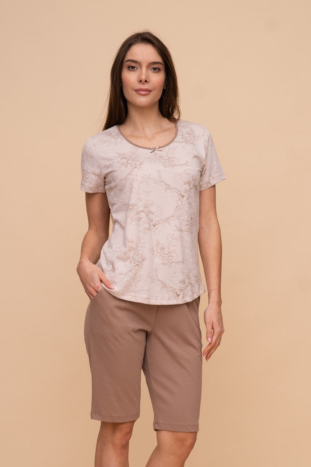 Пижама от памук с къс ръкав и късо долнище "Leafy" (Бежова)
