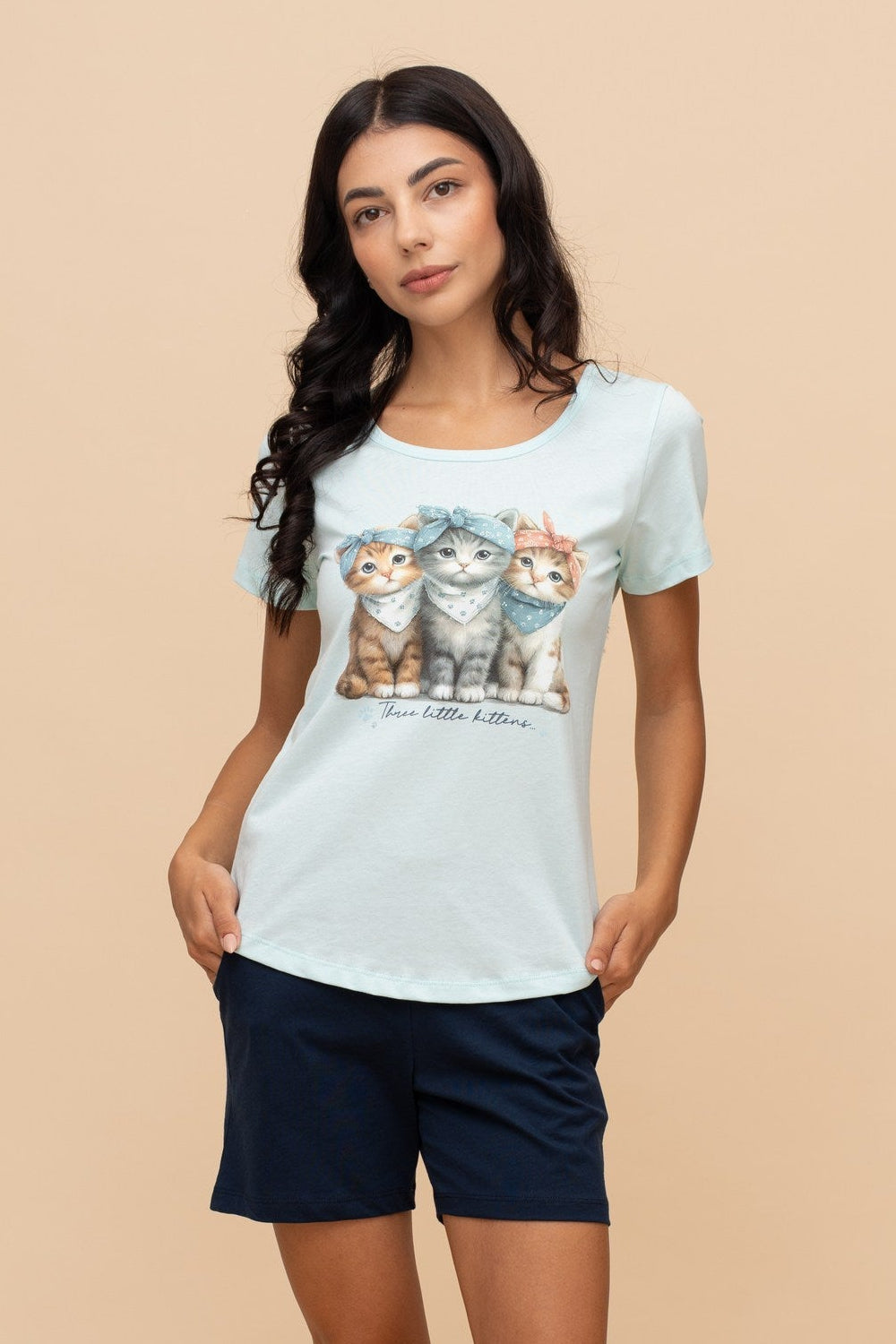 Пижама от памук с къс ръкав "Three Little Kittens" (Синя)