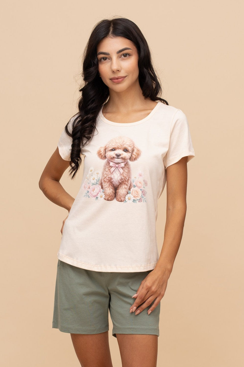 Пижама от памук с къс ръкав "Daisy Poodle" (Екрю)