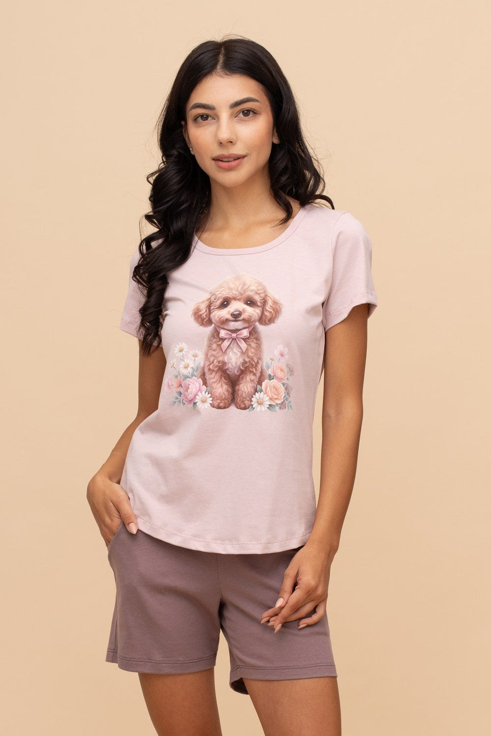Пижама от памук с къс ръкав "Daisy Poodle" (Пудра)