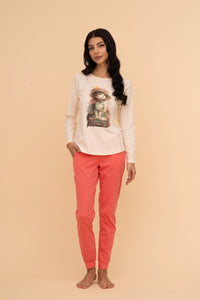 Пижама от памук с дълъг ръкав "Travel Kitty" (Екрю)