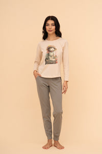Пижама от памук с дълъг ръкав "Travel Kitty" (Бежова)