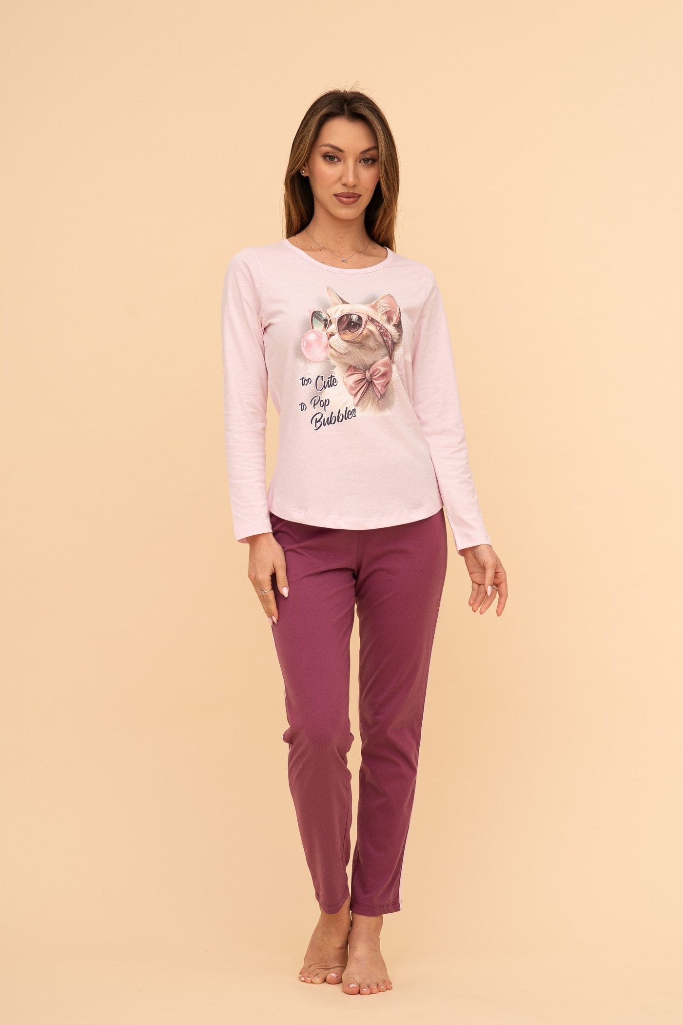 Пижама от памук с дълъг ръкав "Pop Bubbles" (Малина)