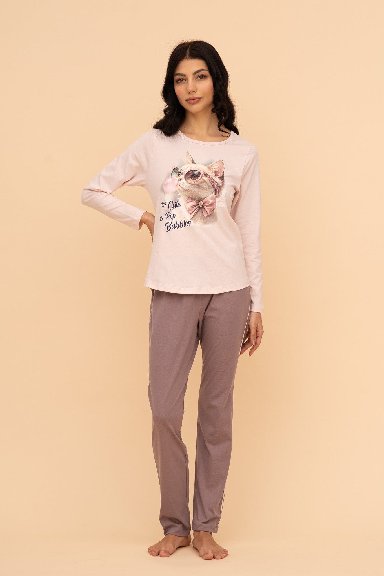 Пижама от памук с дълъг ръкав "Pop Bubbles" (Бежова)