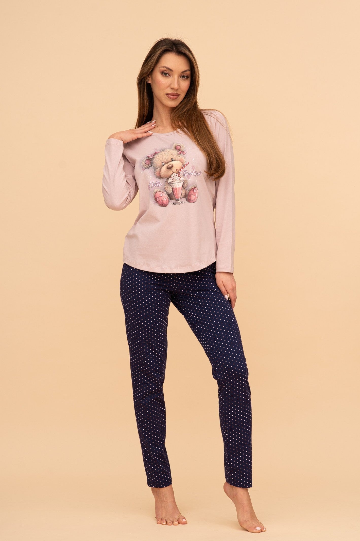 Пижама от памук с дълъг ръкав "Milkshake Teddy" (Розова/тъмно синя)