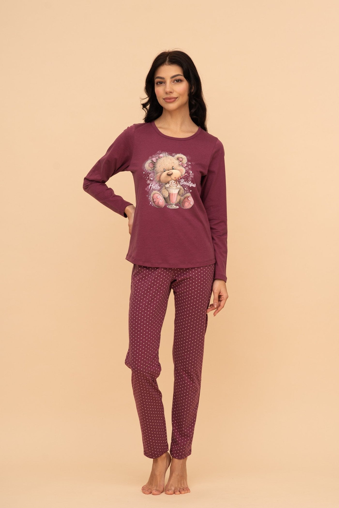 Пижама от памук с дълъг ръкав "Milkshake Teddy" (Малина)