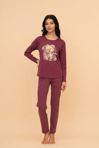 Пижама от памук с дълъг ръкав "Milkshake Teddy" (Малина)