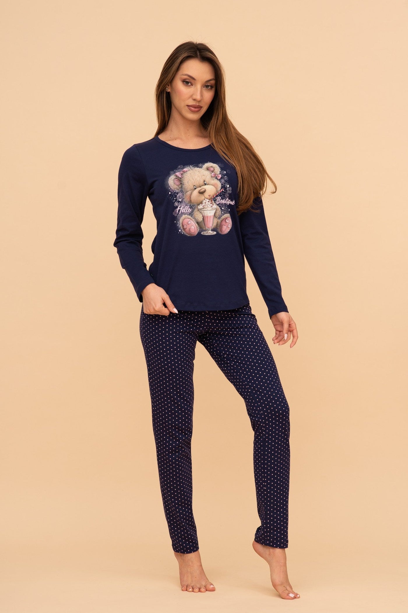 Пижама от памук с дълъг ръкав "Milkshake Teddy" (Тъмно синя)