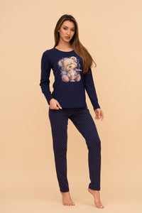 Пижама от памук с дълъг ръкав "Milkshake Teddy" (Тъмно синя)