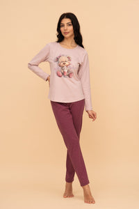 Пижама от памук с дълъг ръкав "Milkshake Teddy" (Розова/малина)