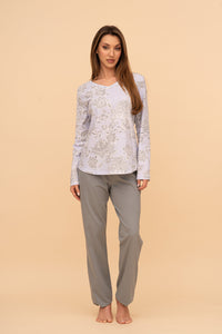 Пижама от памук с дълъг ръкав "Leafy" (Синя / сива)