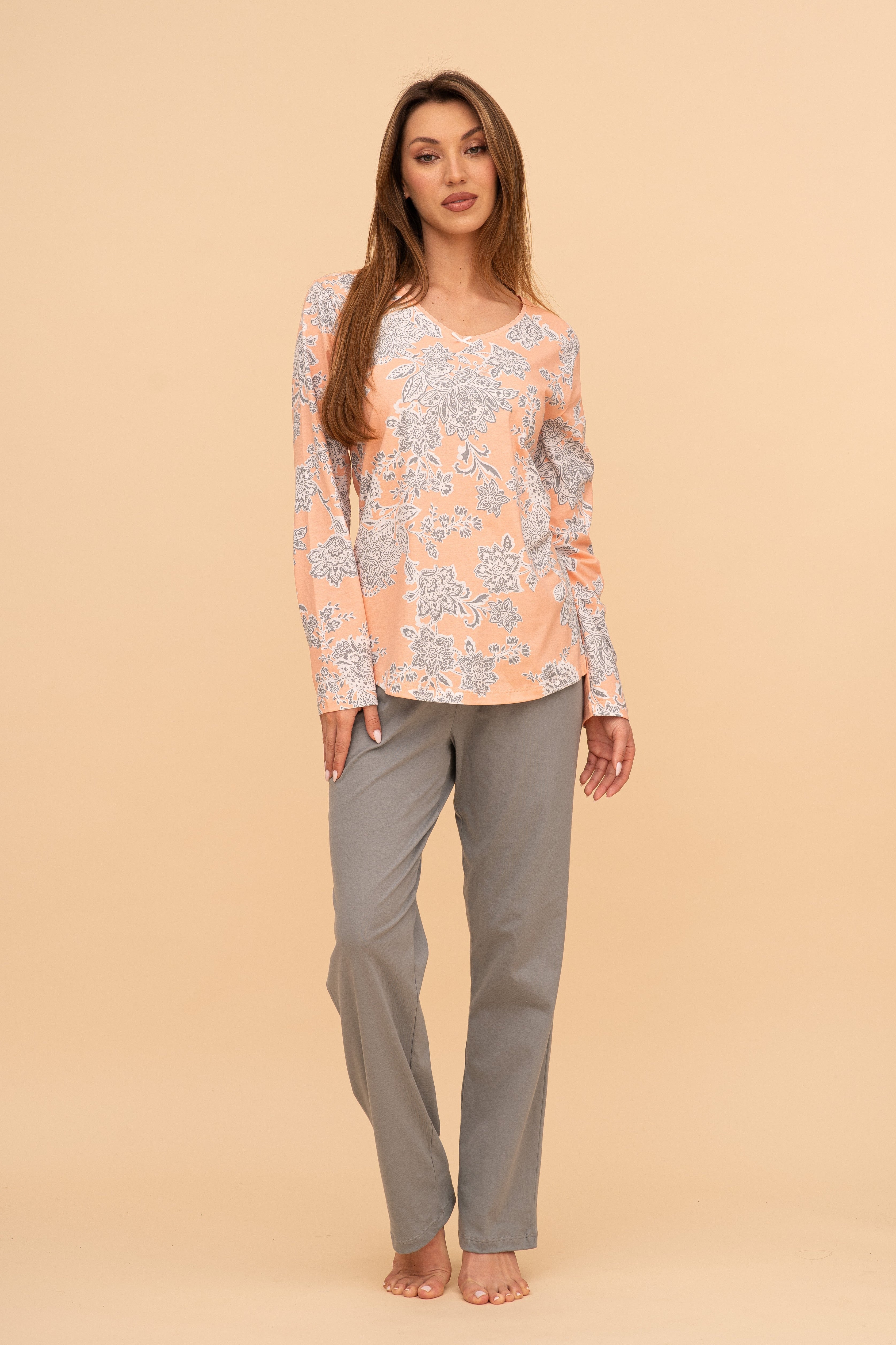 Пижама от памук с дълъг ръкав "Leafy" (Светло оранжева / сива)