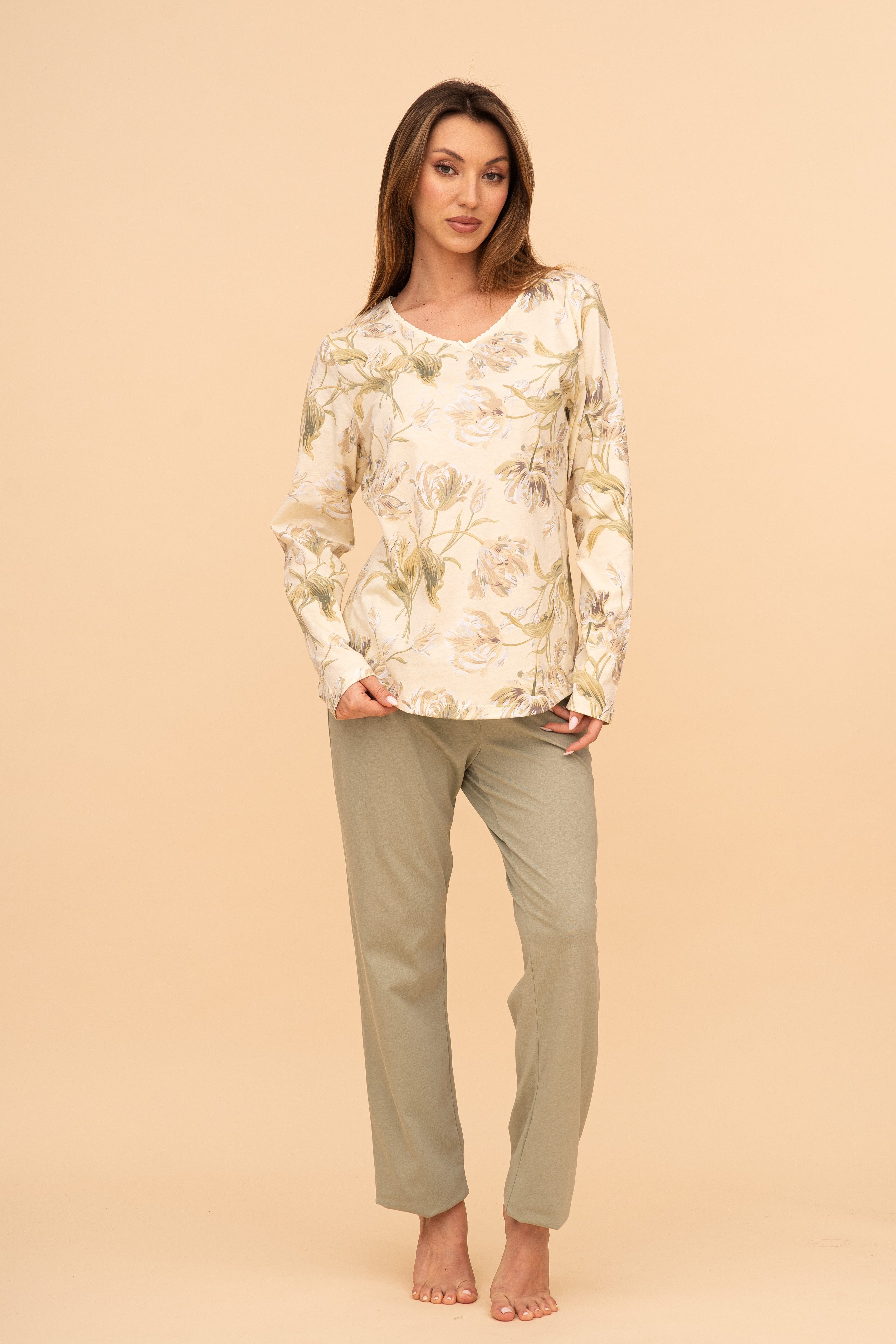 Пижама от памук с дълъг ръкав "Leafy" (Жълта / зелена)