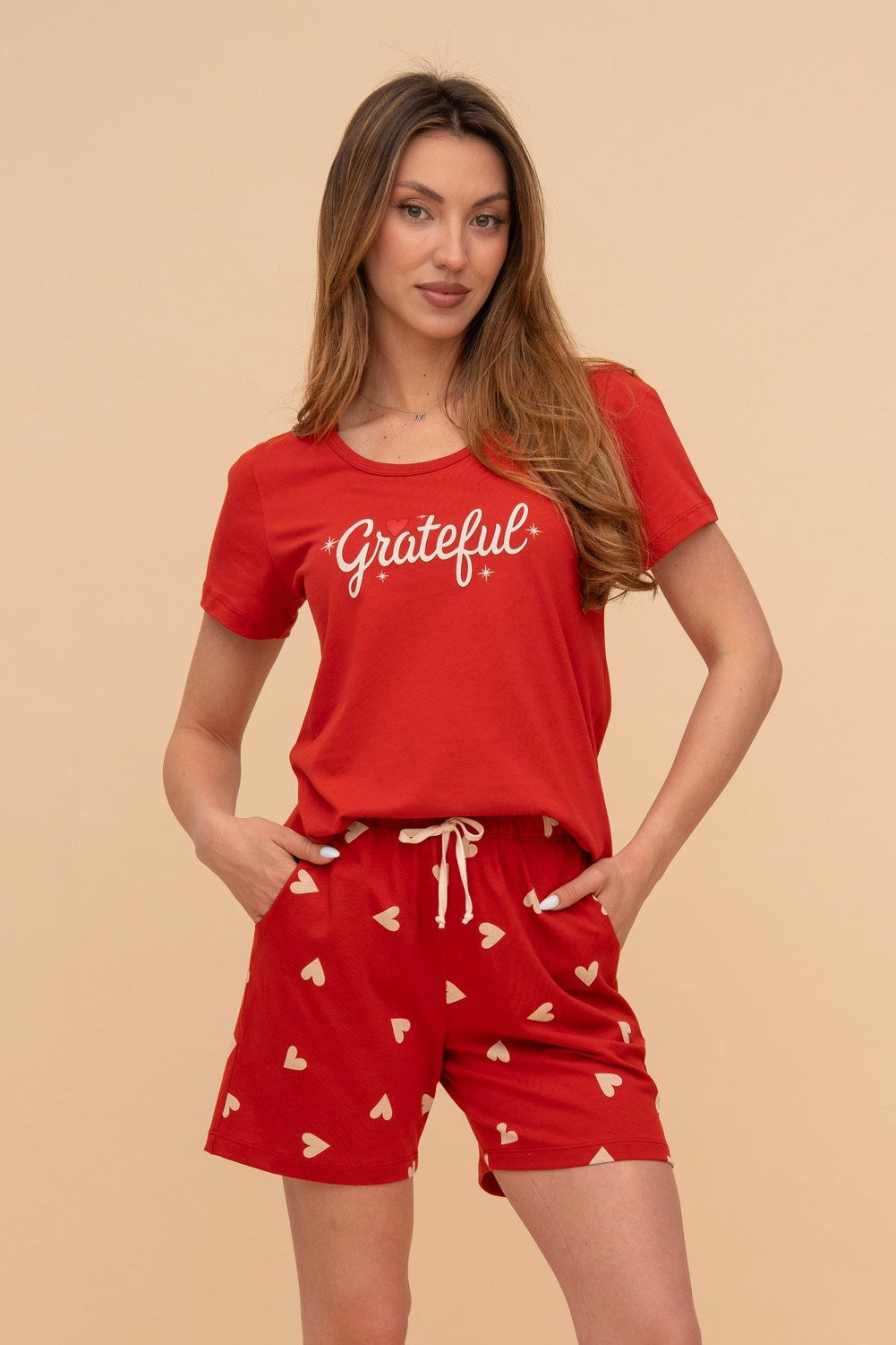 Пижама от памук с къс ръкав "Grateful" (Червена)