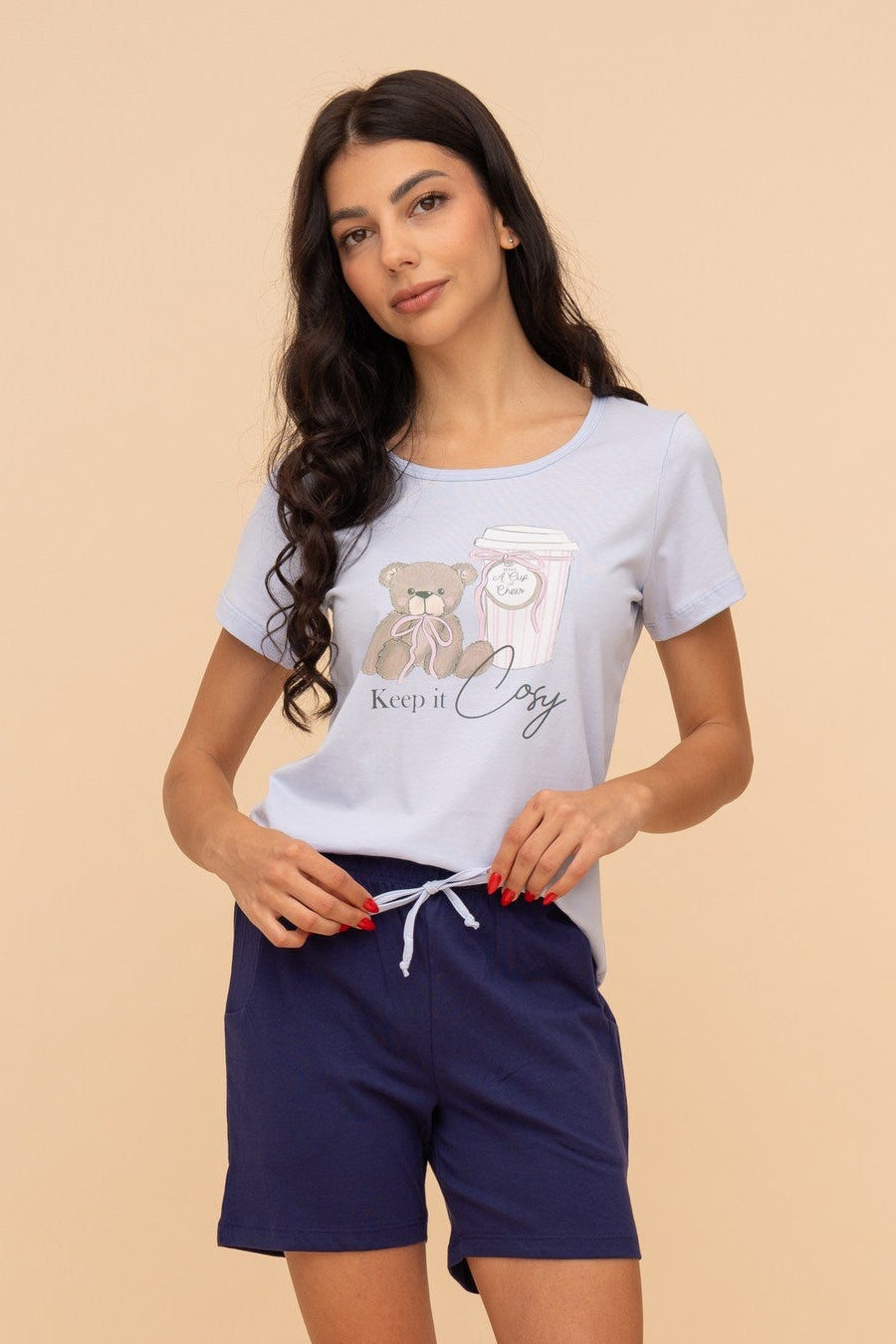 Пижама от памук с къс ръкав "Keep It Cosy" (Синя)
