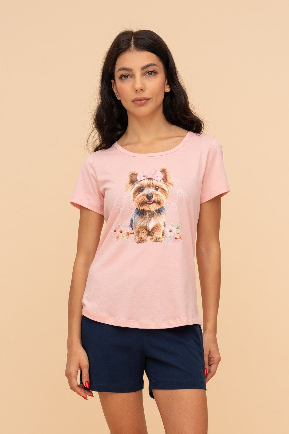 Пижама от памук с къс ръкав "Flower Yorkie" (Банан)