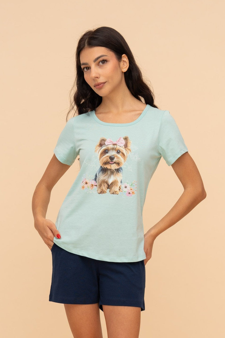 Пижама от памук с къс ръкав "Flower Yorkie" (Зелена)