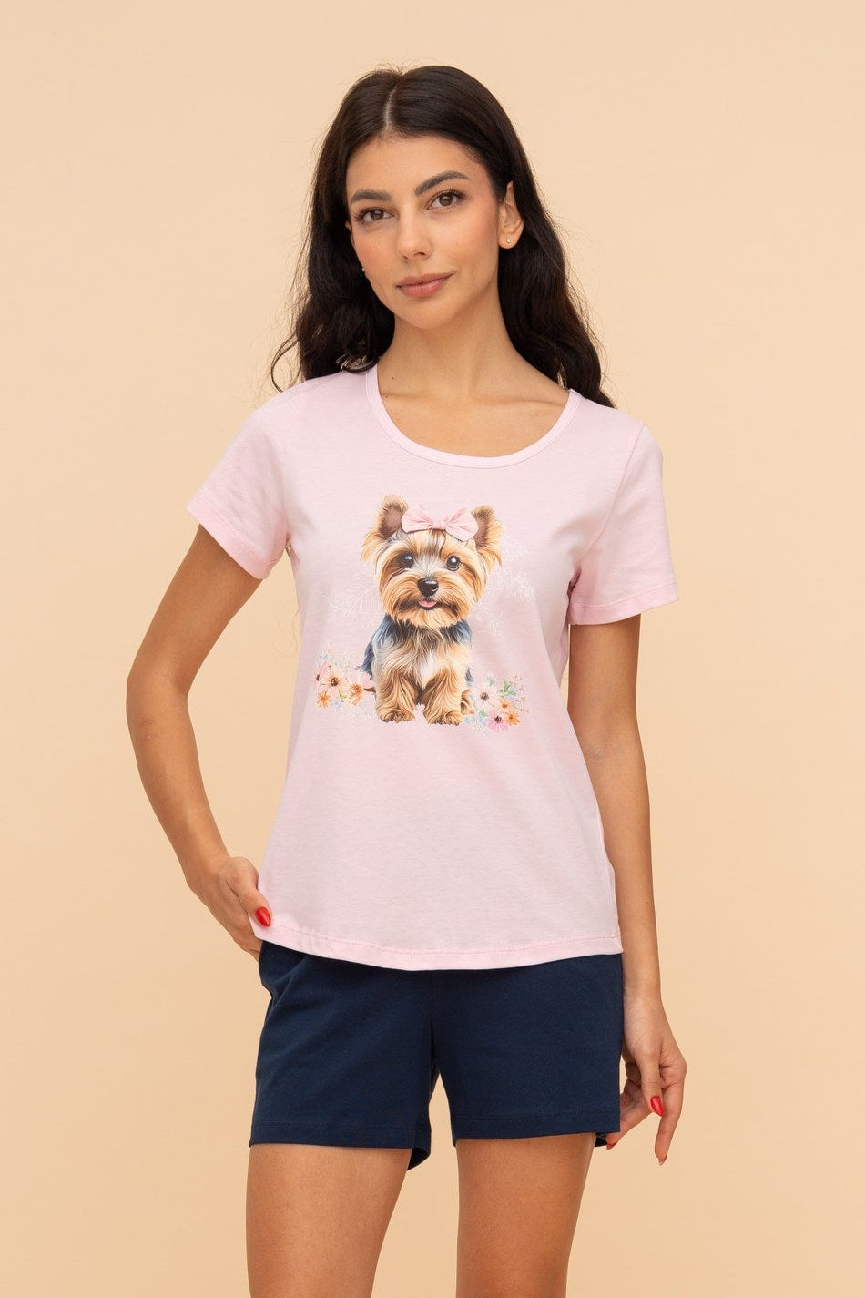 Пижама от памук с къс ръкав "Flower Yorkie" (Розова)