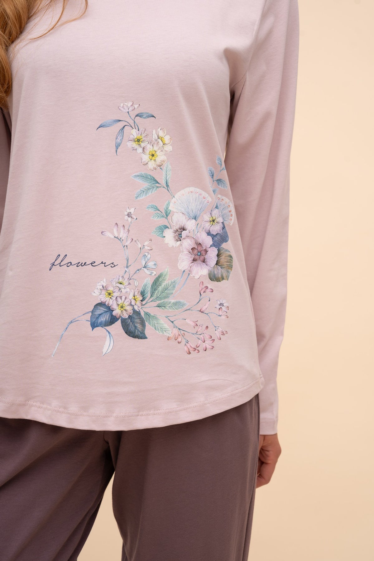 Пижама от памук с дълъг ръкав "Flowers" (Пудра)