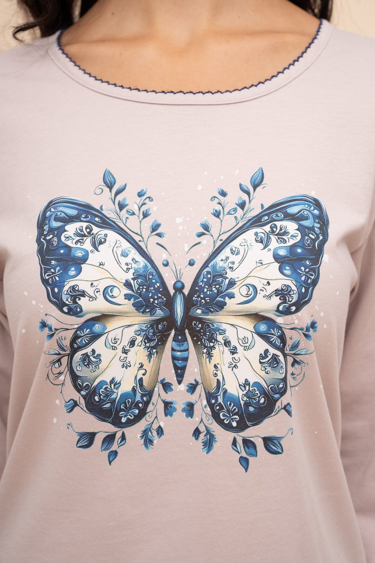 Пижама от памук с дълъг ръкав "Blue Butterfly" (Бежова)