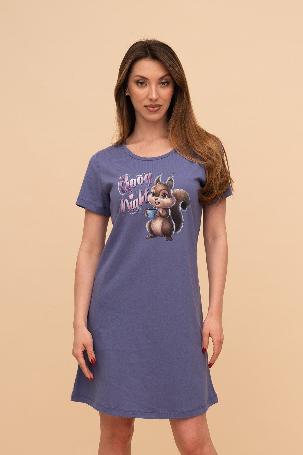 Нощница от памук с къс ръкав "Good Night" (Синя)