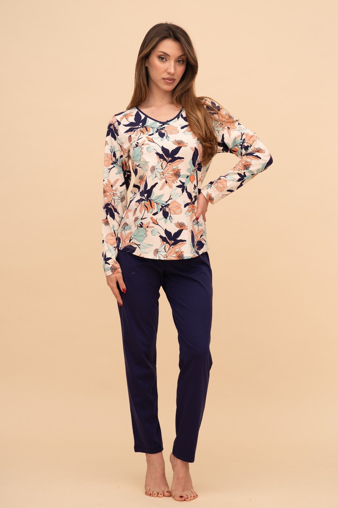 Пижама от памук с дълъг ръкав "Leafy Top" (Тъмно синя)