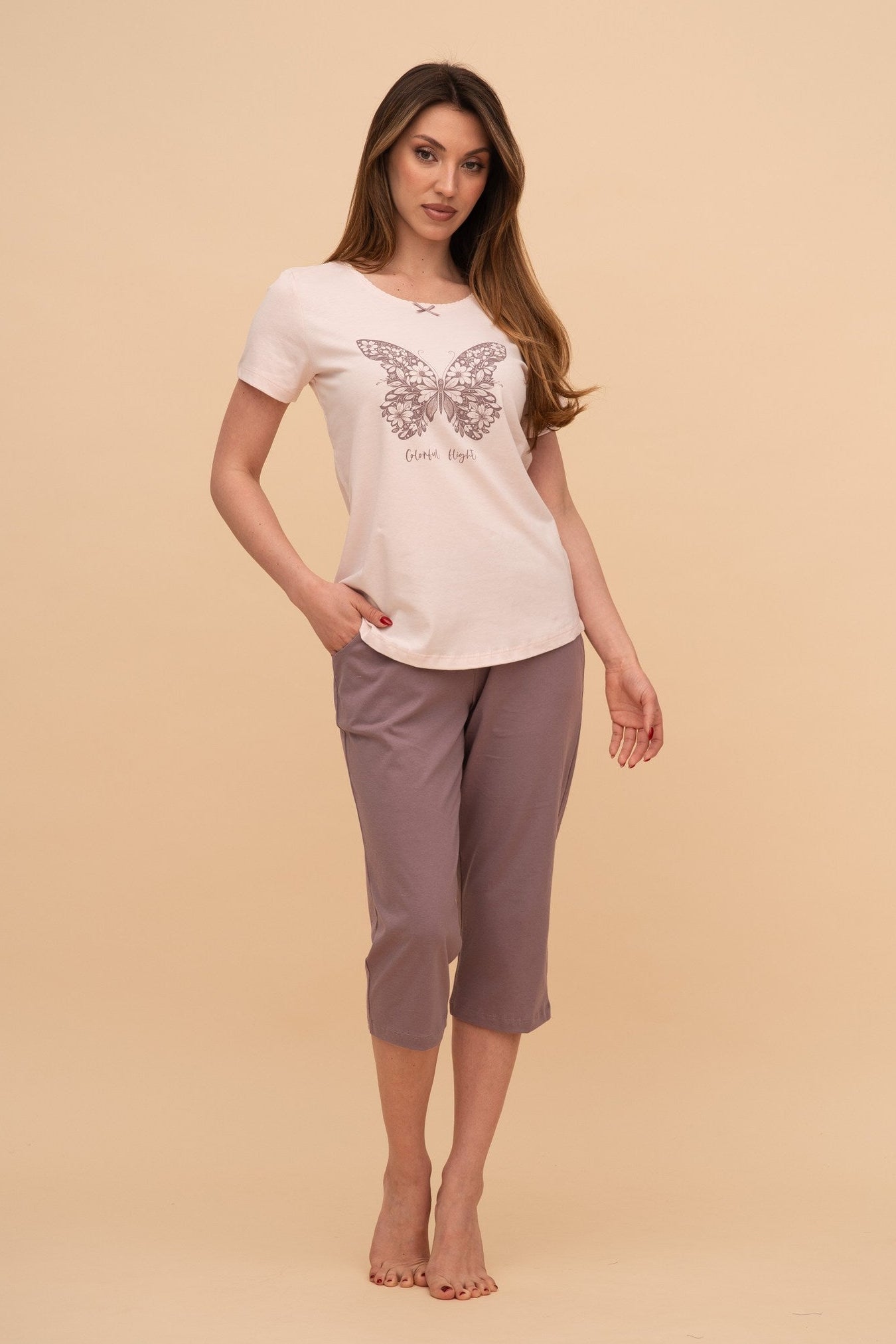 Пижама от памук с къс ръкав и долнище "Colorful Flight"