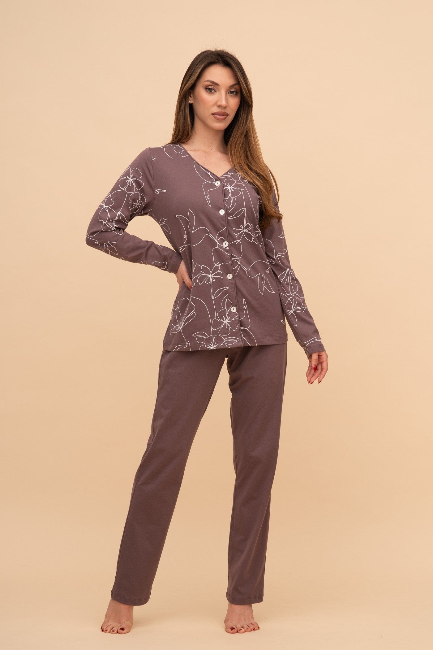 Пижама с копчета от памук с дълъг ръкав "Flower Top" (Пепел от рози)