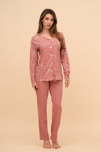 Пижама с копчета от памук с дълъг ръкав "Flower Top" (Розова)