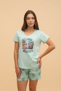 Дамска памучна пижама Иватекс Aloha beaches - светло зелена