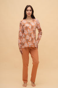 Памучна пижама с разкопчаване на цветя (Оранжева)