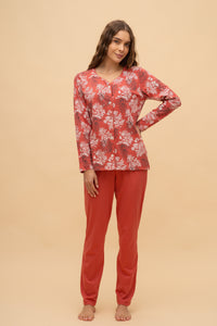Памучна пижама с разкопчаване на цветя (Червена)