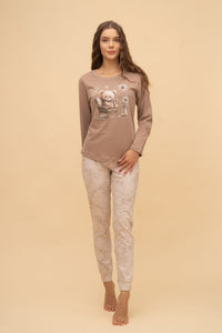 Дамска памучна пижама Иватекс Daisy Bear - кафява