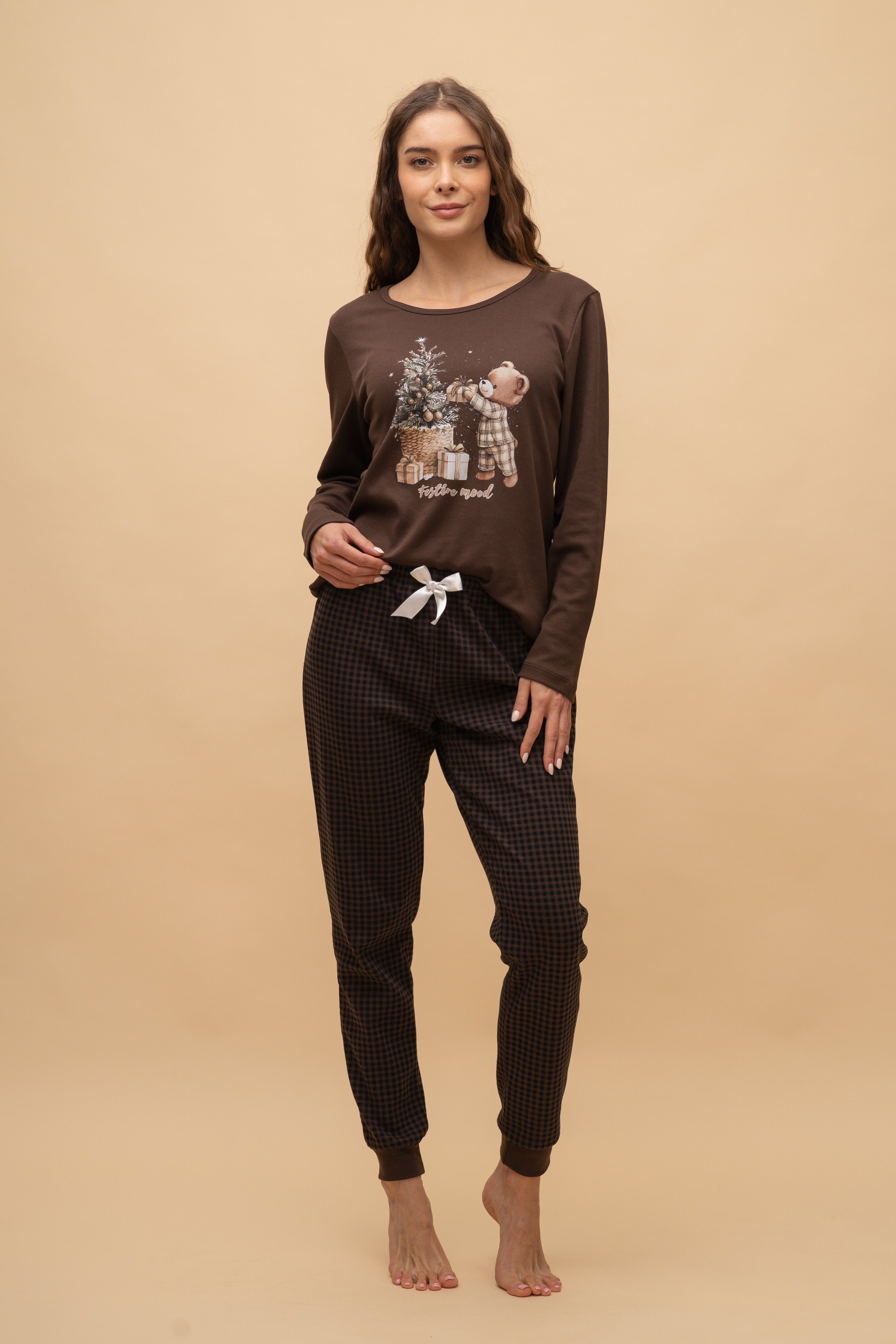 Пижама с дълъг ръкав интерлог "Festive mood" (Кафява)