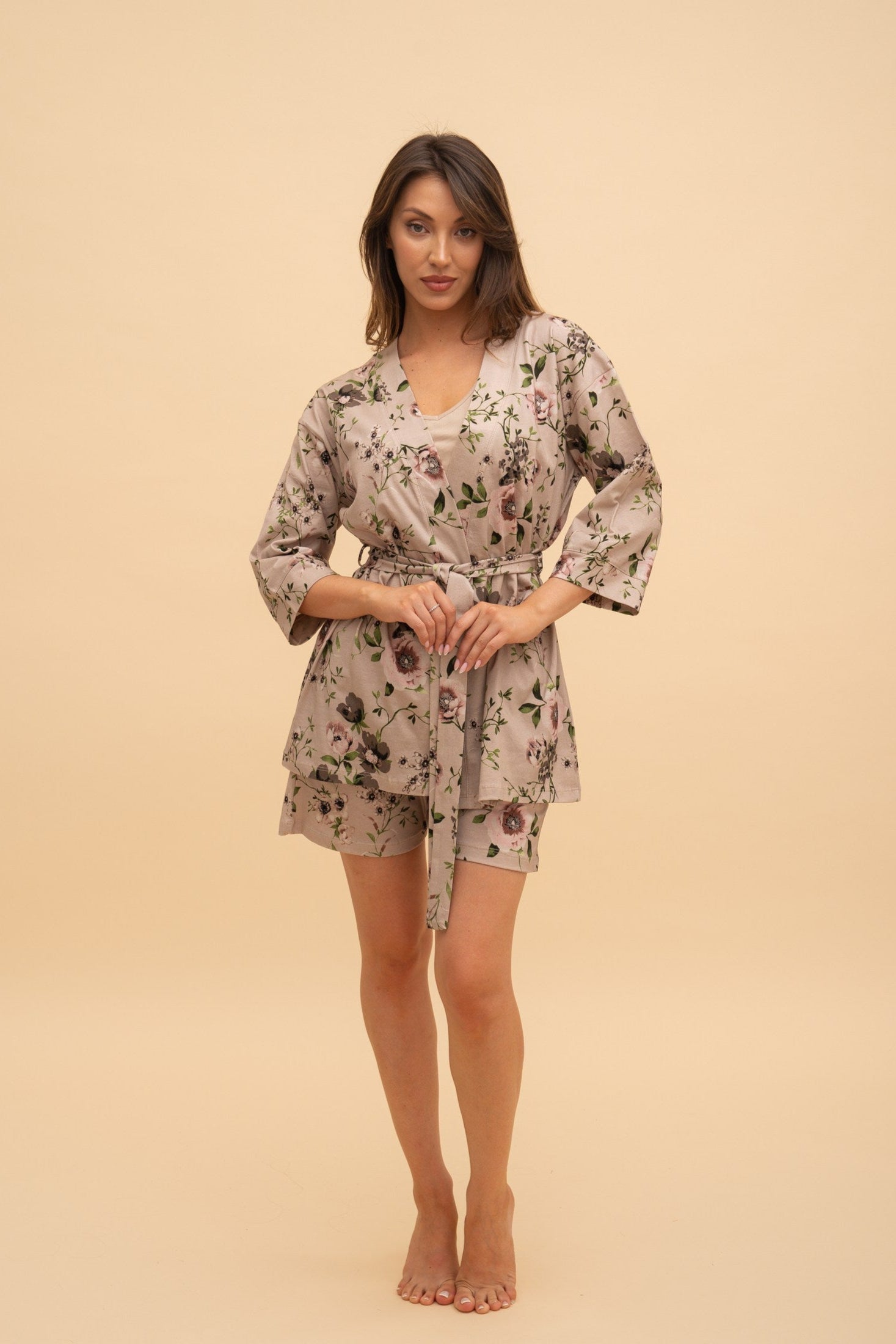 Pajama set with bathrobe "Floral" (Beige)