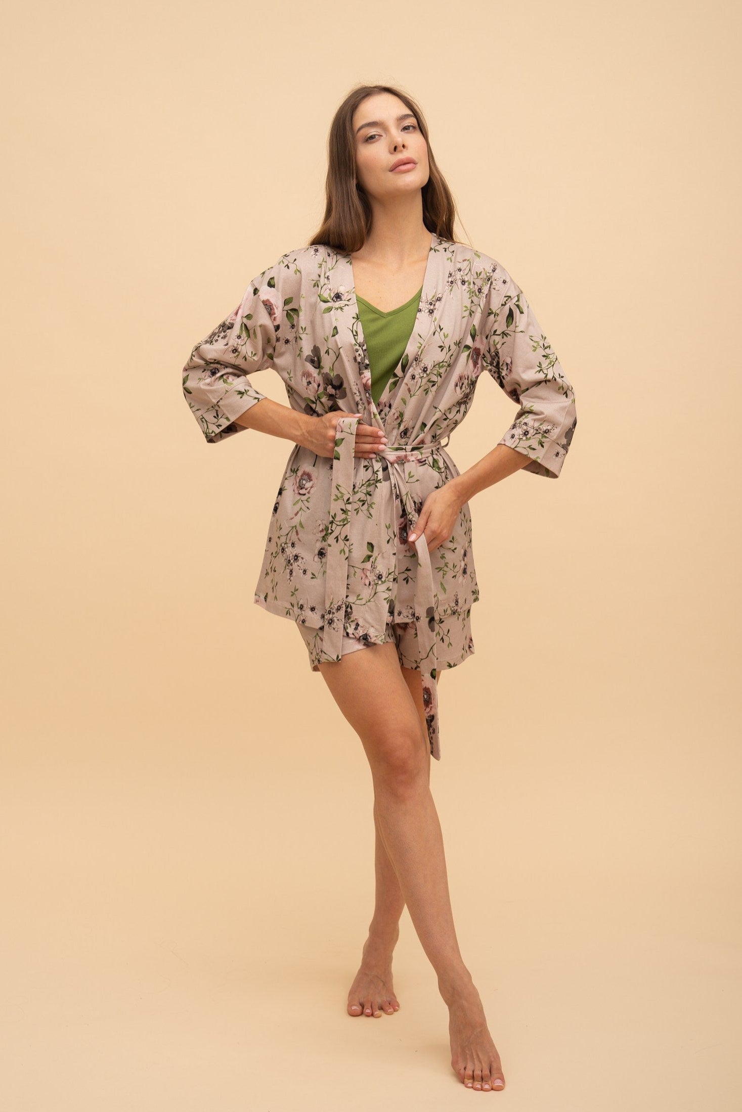 Pajama set with bathrobe "Floral" (Green)