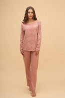 Пижама от памук Иватекс на цветя с дълъг ръкав - канела