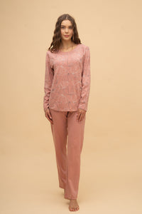 Пижама от памук Иватекс на цветя с дълъг ръкав - канела