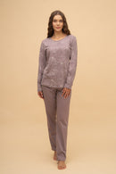 Пижама от памук Иватекс на цветя с дълъг ръкав - лилава