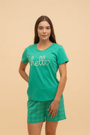 Дамска памучна пижама Иватекс Hello - зелена