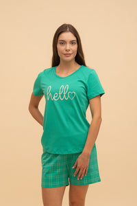 Дамска памучна пижама Иватекс Hello - зелена