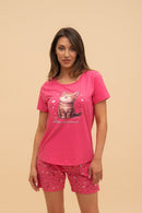 Дамска памучна пижама Иватекс Hello my friend - циклама