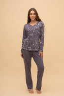 Памучна пижама на цветя интерлог (Лилава)