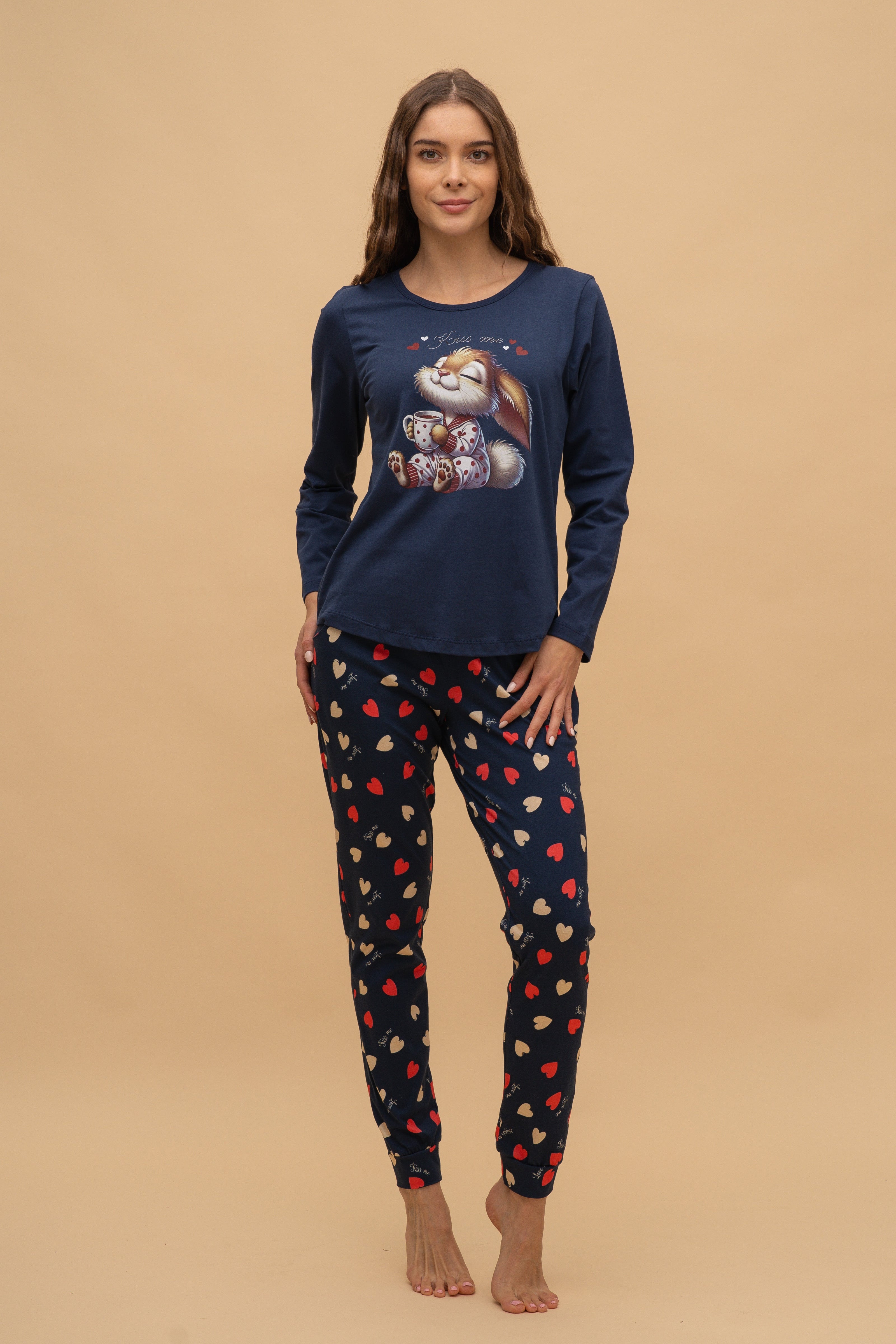 Пижама с дълъг ръкав "Kiss me" (Тъмно синя)