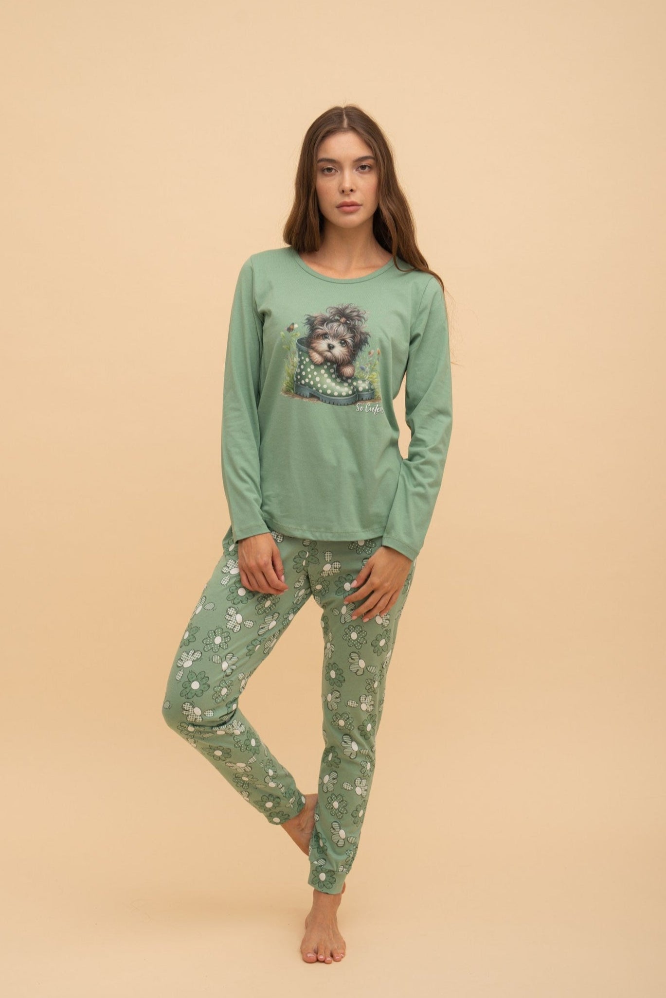 Дамска памучна пижама Иватекс So cute - зелена